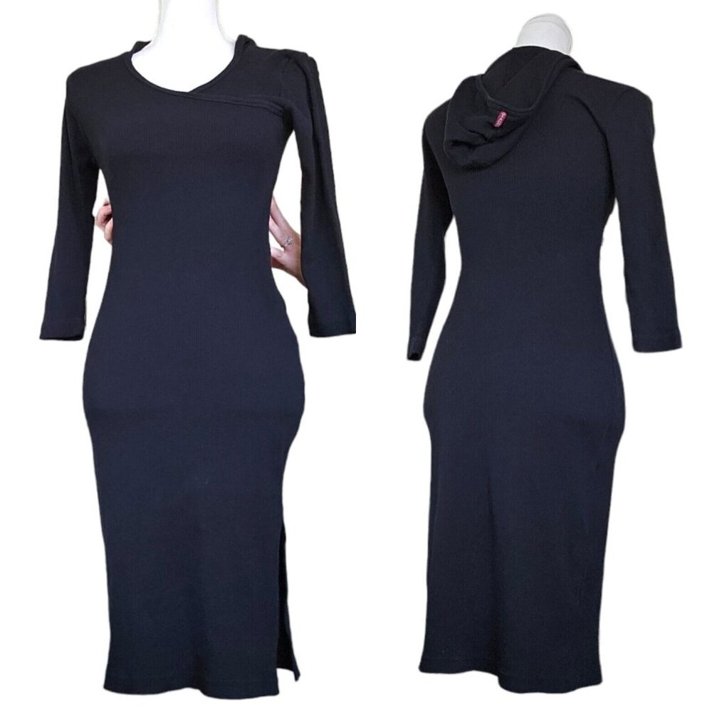 Vintage 90s Womens Small Black Ribbed Athletic Dress Casual Hooded Bodycon Slits